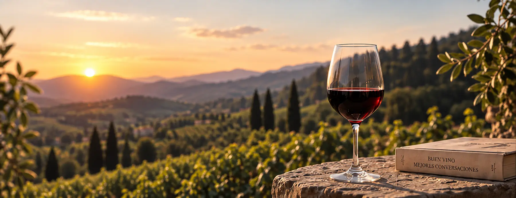 Copa de vino tinto sobre un muro de piedra, con viñedo al atardecer al fondo.